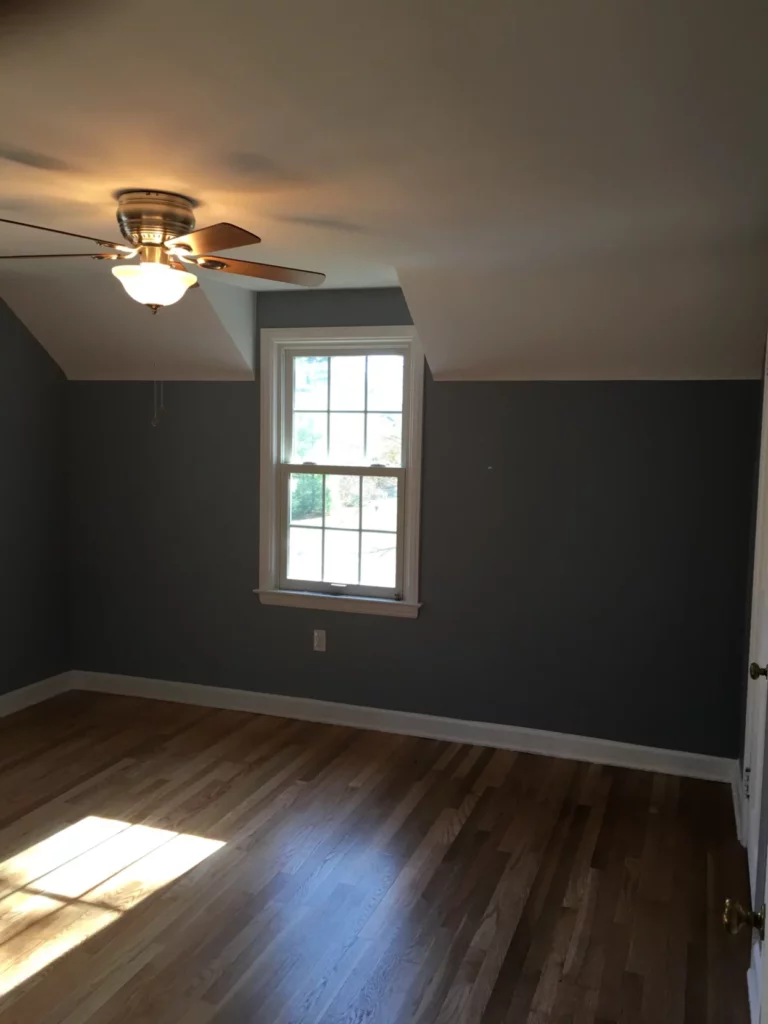 attic room paint, bold blue wall color with white ceiling detail paint edging