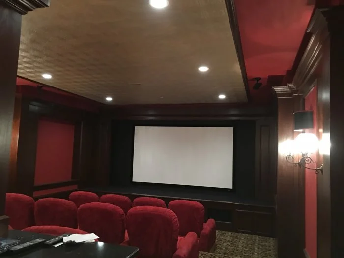 wallpaper home theater celiing, red painted walls